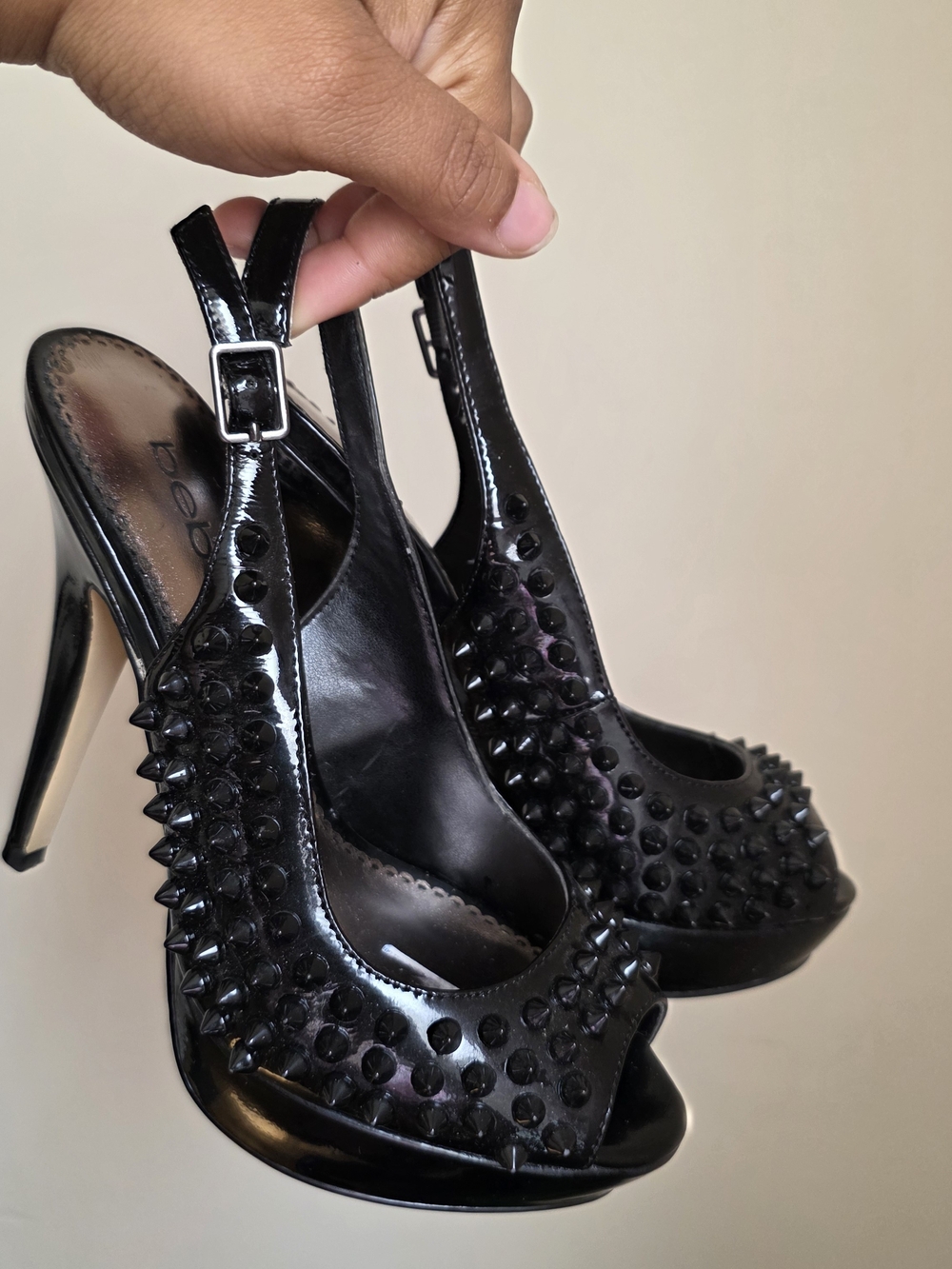 Y2K Vintage Bebe Black Patent Studded Peep-Toe Slingback Heels